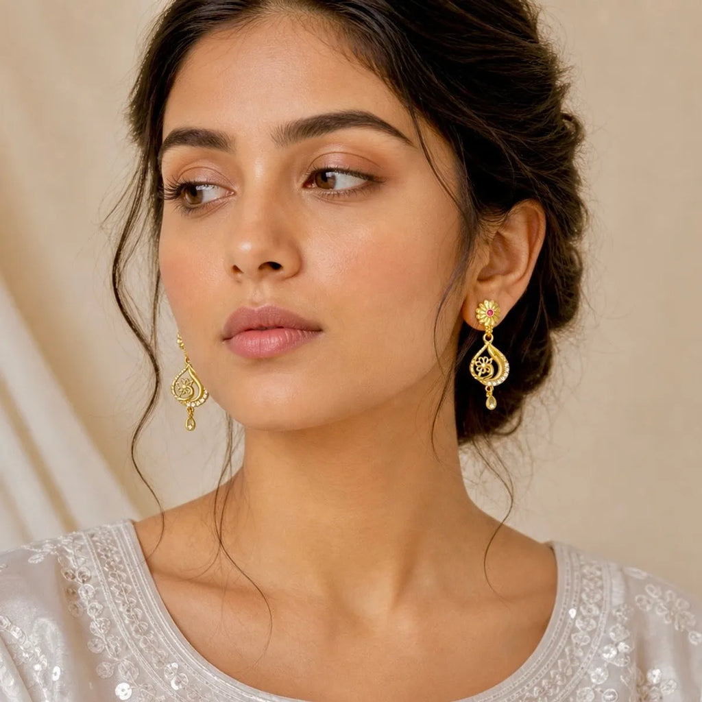 Gold Micro Plated Floral Ruby Ad Teardrop Drop Earrings For Women