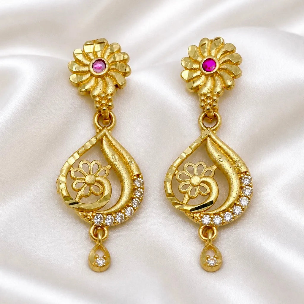 Gold Micro Plated Floral Ruby Ad Teardrop Drop Earrings For Women