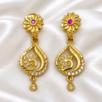 Gold Micro Plated Floral Ruby Ad Teardrop Drop Earrings For Women