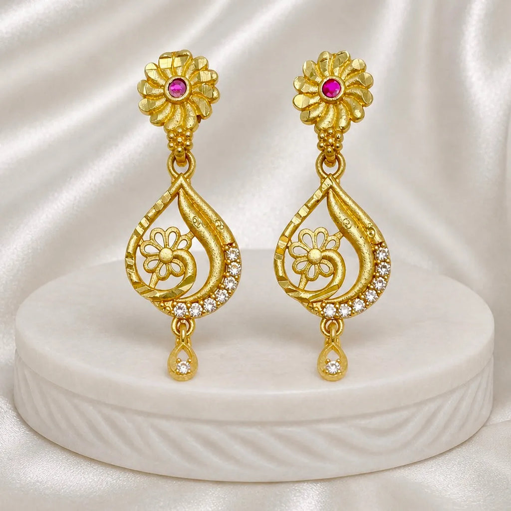 Gold Micro Plated Floral Ruby Ad Teardrop Drop Earrings For Women