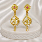 Gold Micro Plated Floral Ruby Ad Teardrop Drop Earrings For Women