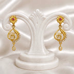 Gold Micro Plated Floral Ruby Ad Teardrop Drop Earrings For Women