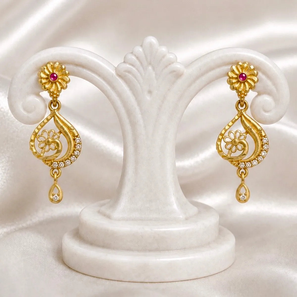 Gold Micro Plated Floral Ruby Ad Teardrop Drop Earrings For Women