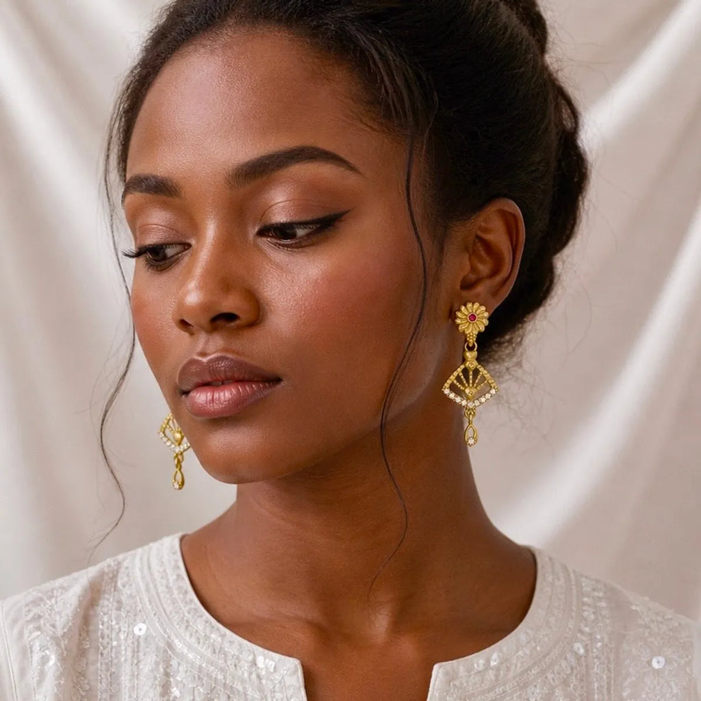 Gold Plated Copper Ad Ruby Floral Stud Geometric Drop Earrings