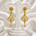 Gold Plated Copper Ad Ruby Floral Stud Geometric Drop Earrings