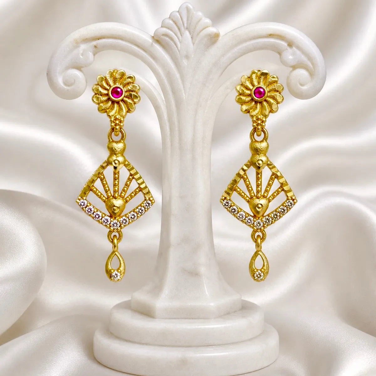 Gold Plated Copper Ad Ruby Floral Stud Geometric Drop Earrings