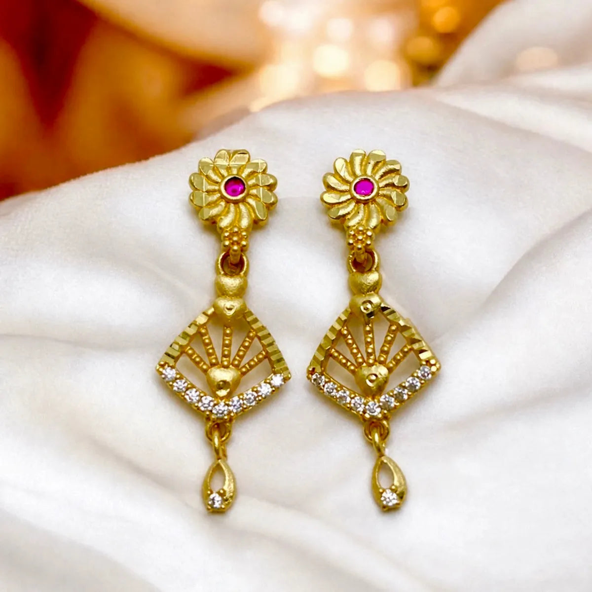 Gold Plated Copper Ad Ruby Floral Stud Geometric Drop Earrings