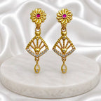 Gold Plated Copper Ad Ruby Floral Stud Geometric Drop Earrings
