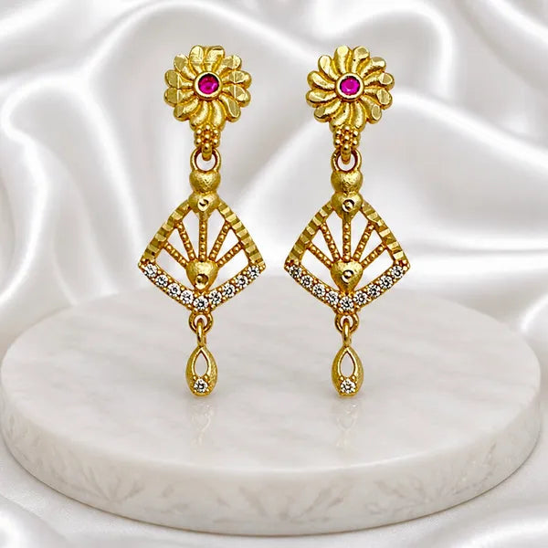 Gold Plated Copper Ad Ruby Floral Stud Geometric Drop Earrings