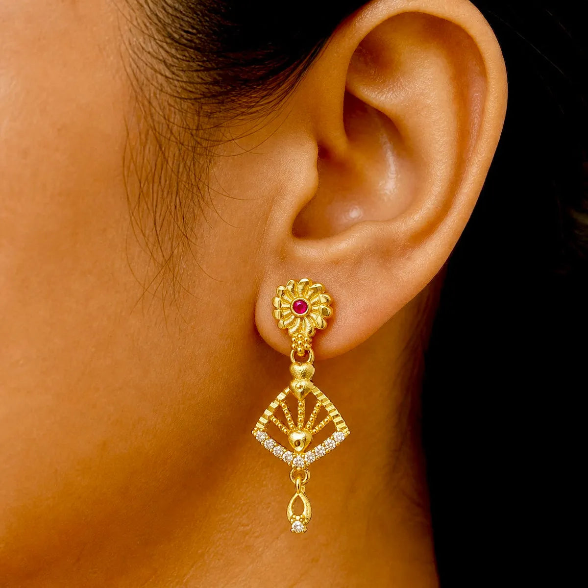 Gold Plated Copper Ad Ruby Floral Stud Geometric Drop Earrings