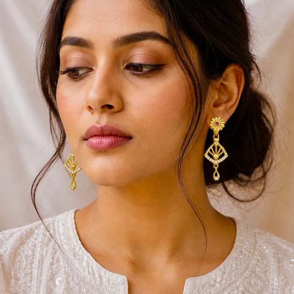 Gold Plated Copper Ad Ruby Floral Stud Geometric Drop Earrings