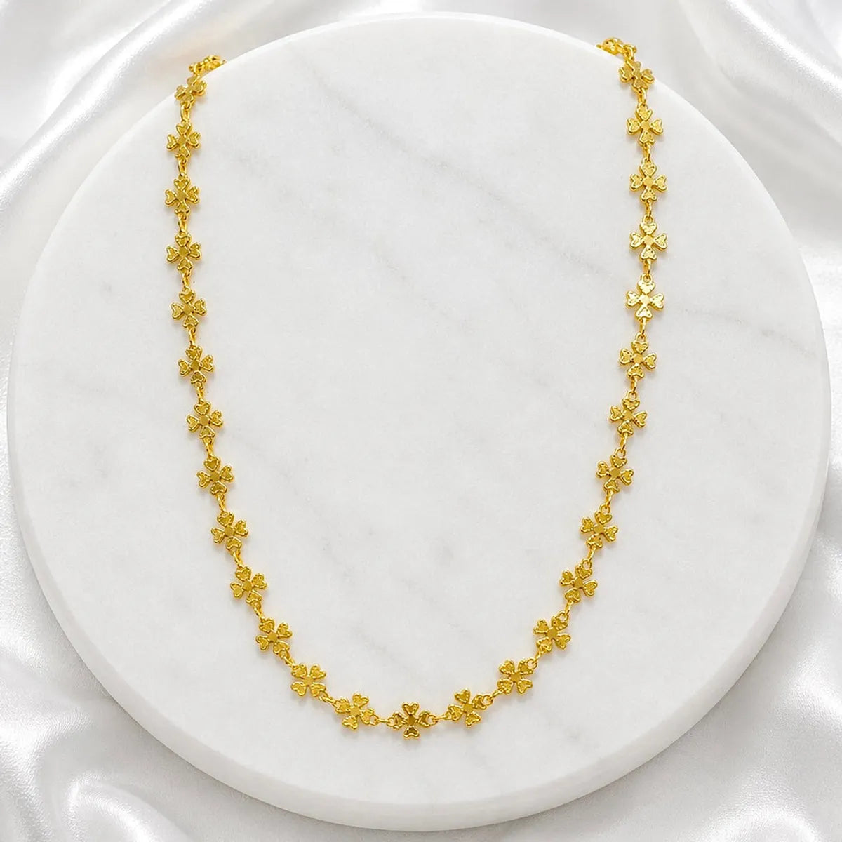 Gold Micro Plated Clover Floral Link Neck Chain For Women
