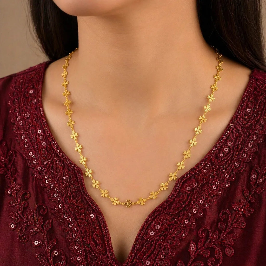 Gold Micro Plated Clover Floral Link Neck Chain For Women