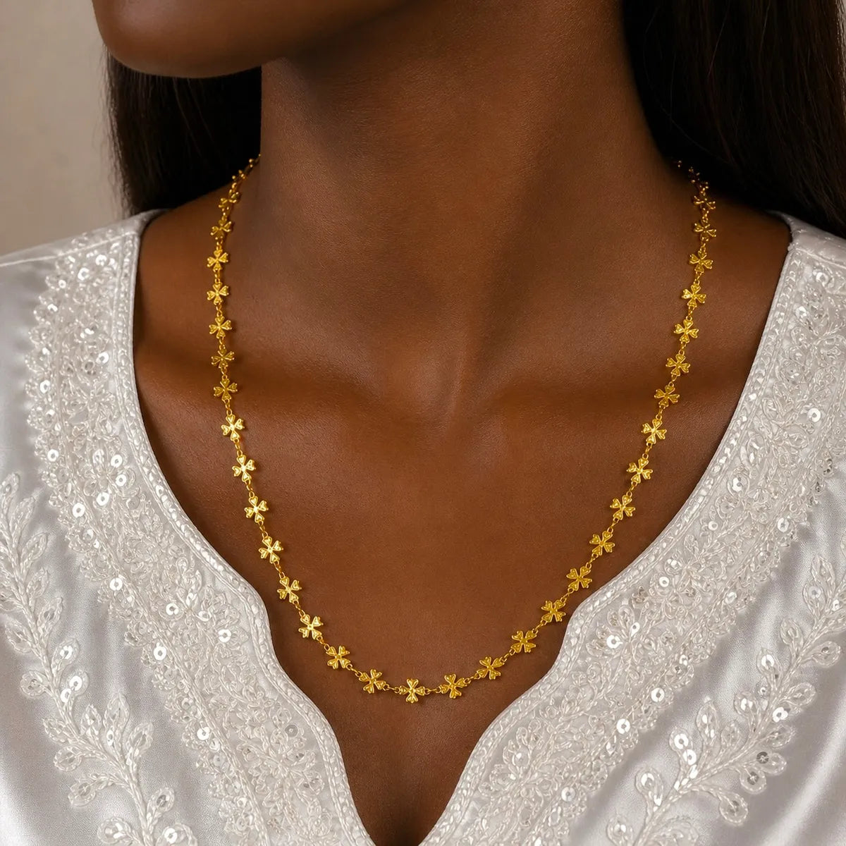 Gold Micro Plated Clover Floral Link Neck Chain For Women