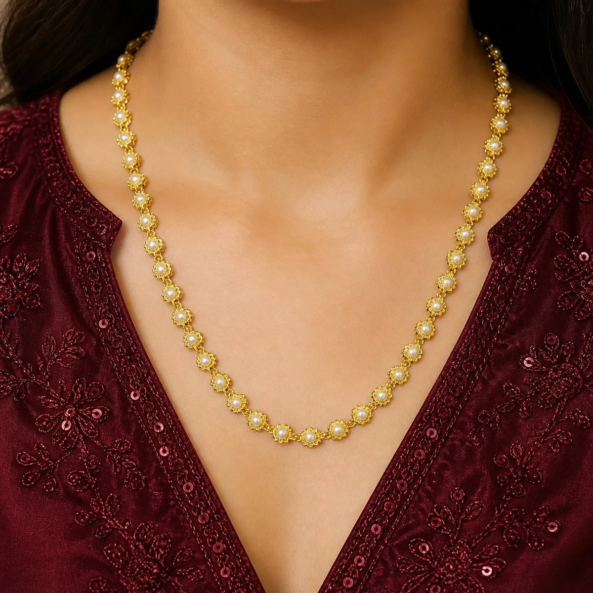 White Gold Micro Plated Copper Pearl Floral Neck Chain For Women