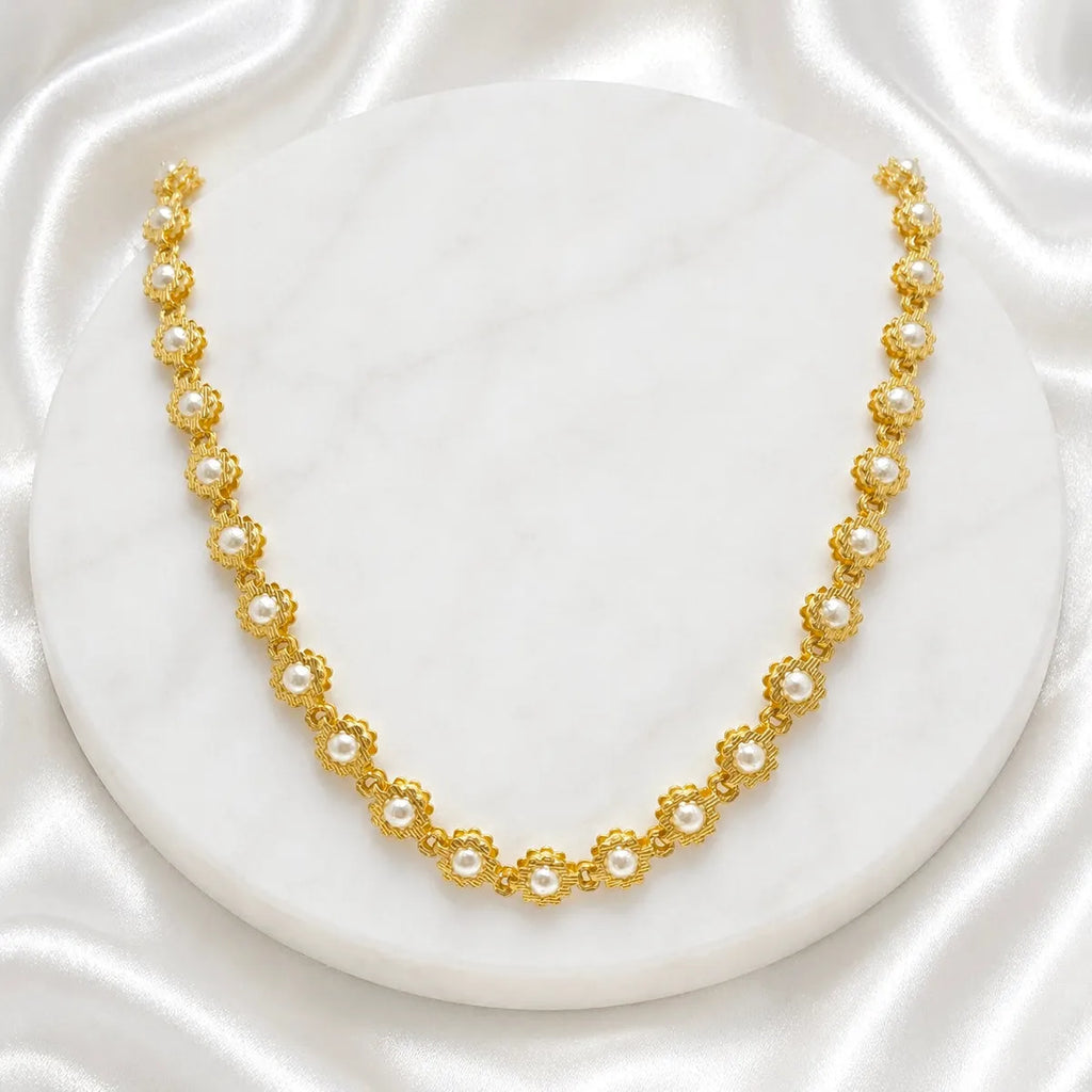 White Gold Micro Plated Copper Pearl Floral Neck Chain For Women