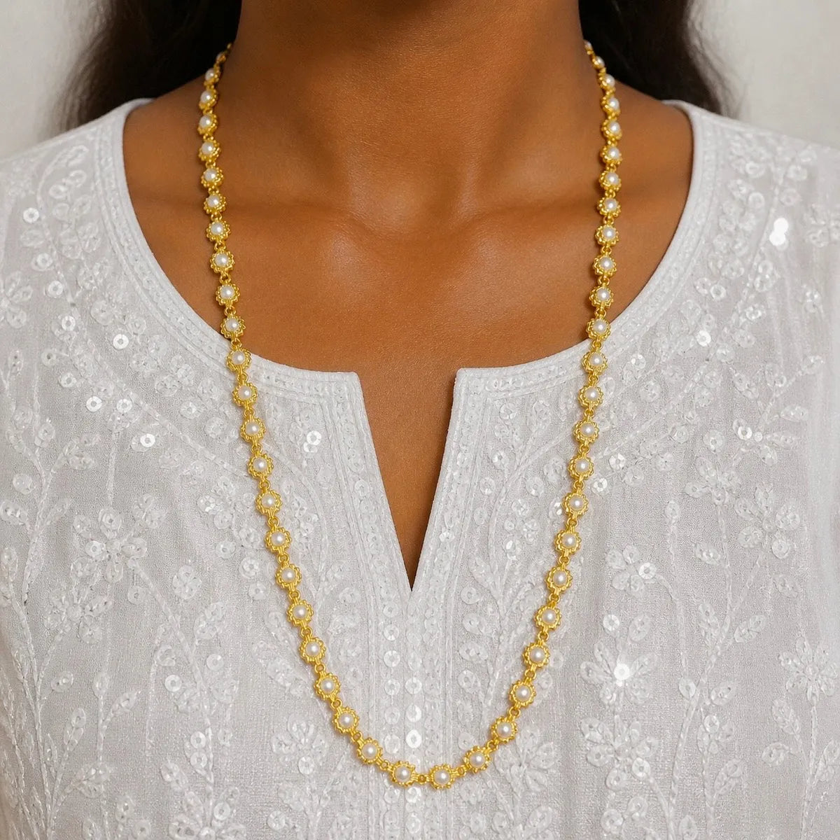 White Gold Micro Plated Copper Pearl Floral Neck Chain For Women