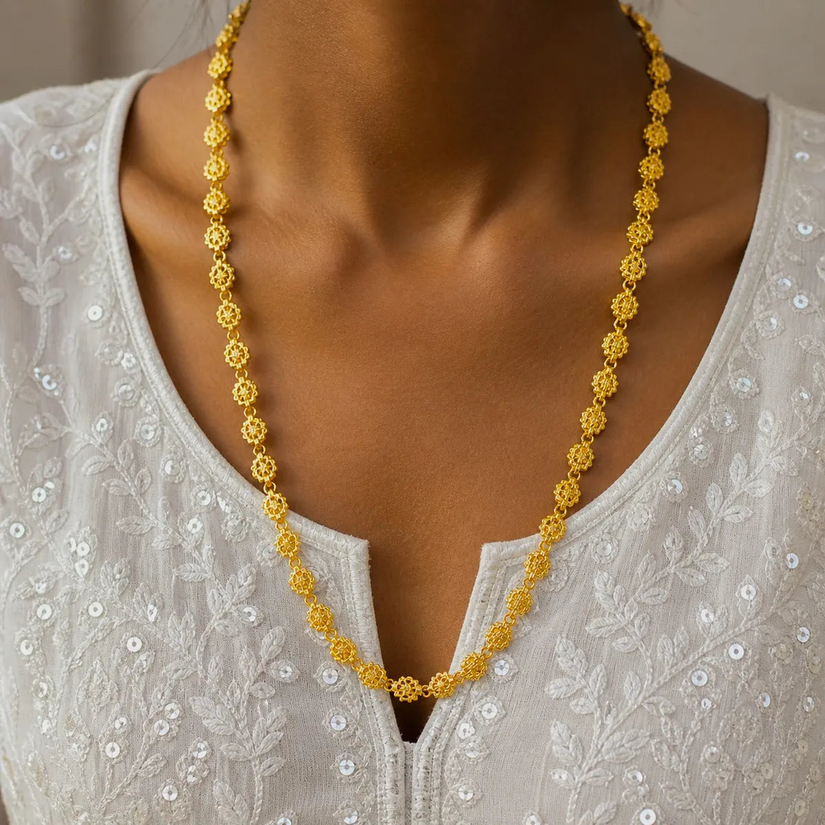 Gold Micro Plated Floral Link Neck Chain For Women
