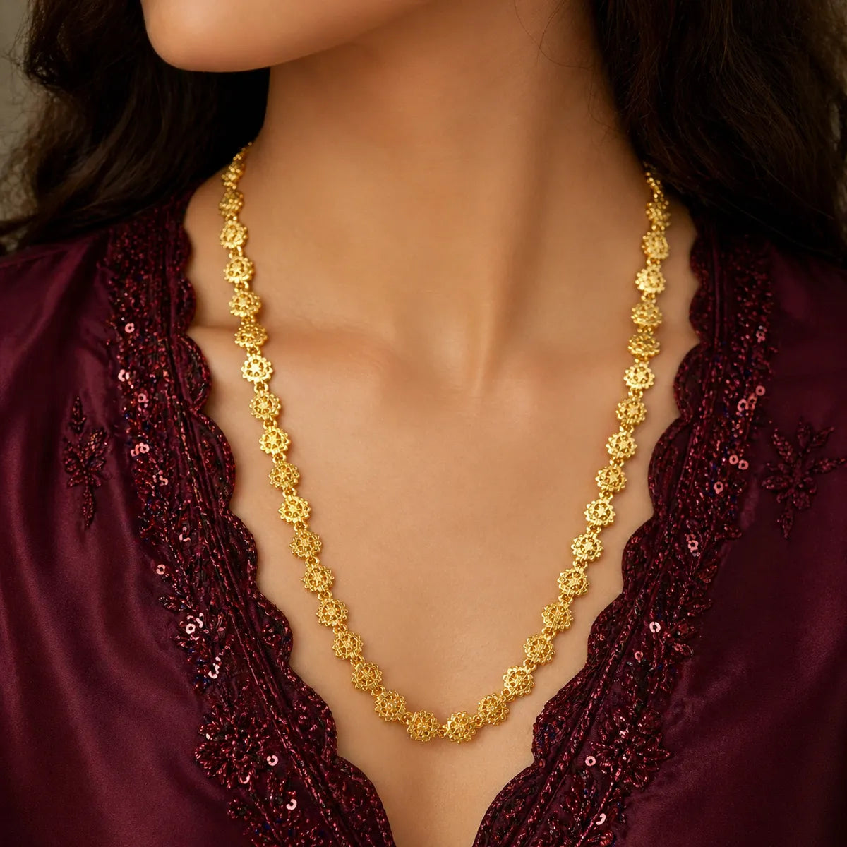 Gold Micro Plated Floral Link Neck Chain For Women