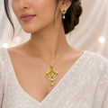 Gold Micro Plated Ad Ruby Circular Pendant Necklace Earring Set