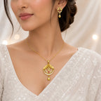 Gold Micro Plated Ad Ruby Circular Pendant Necklace Earring Set