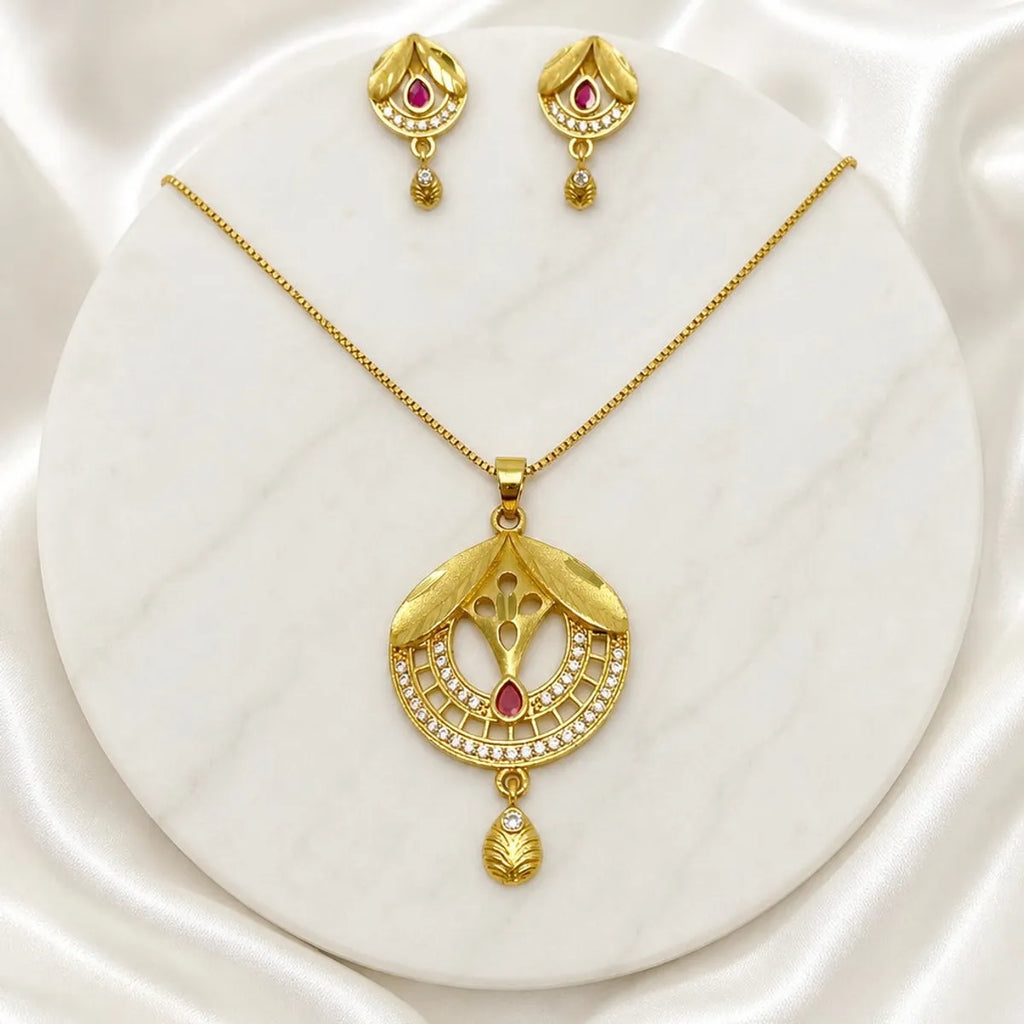 Gold Micro Plated Ad Ruby Circular Pendant Necklace Earring Set