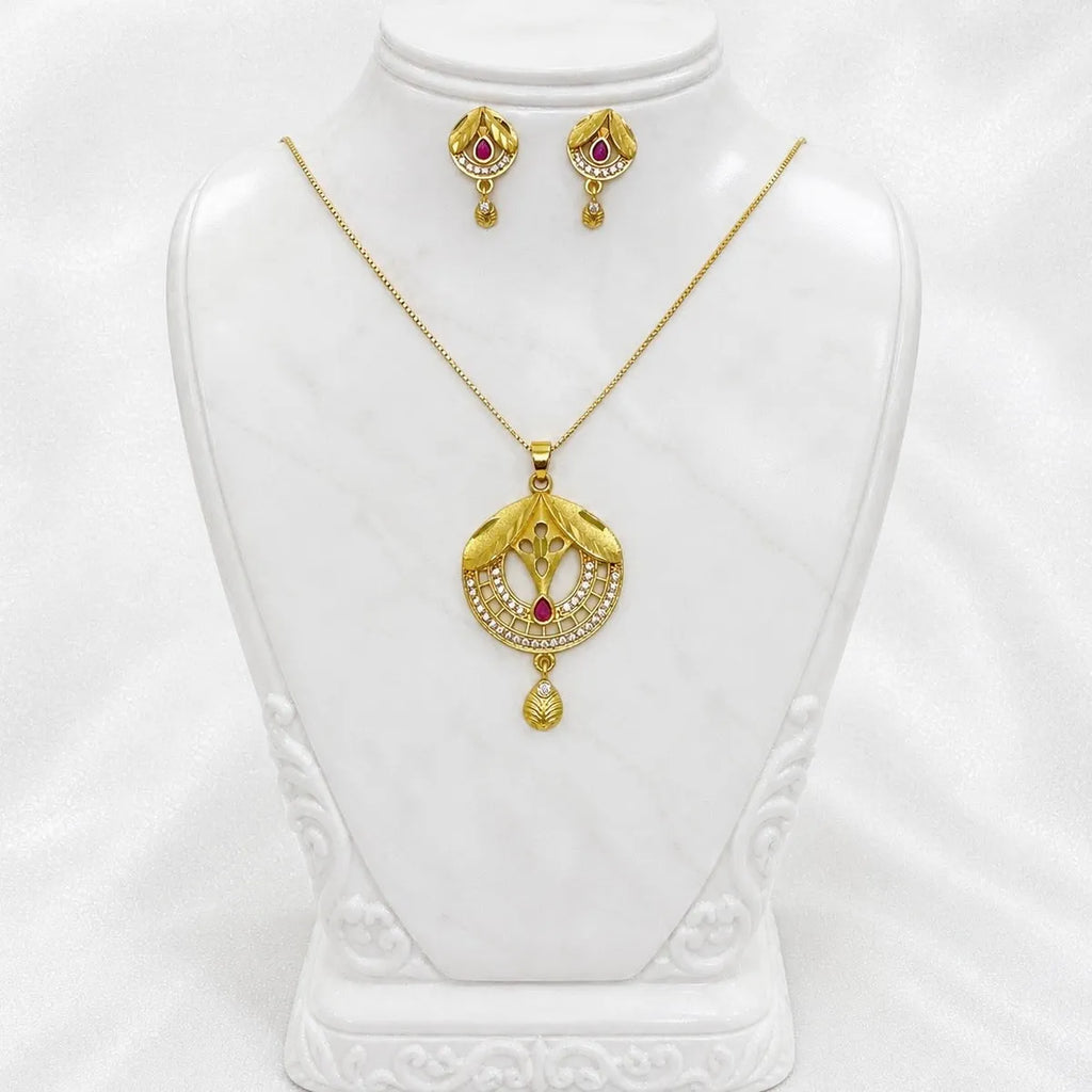 Gold Micro Plated Ad Ruby Circular Pendant Necklace Earring Set