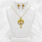 Gold Micro Plated Ad Ruby Circular Pendant Necklace Earring Set