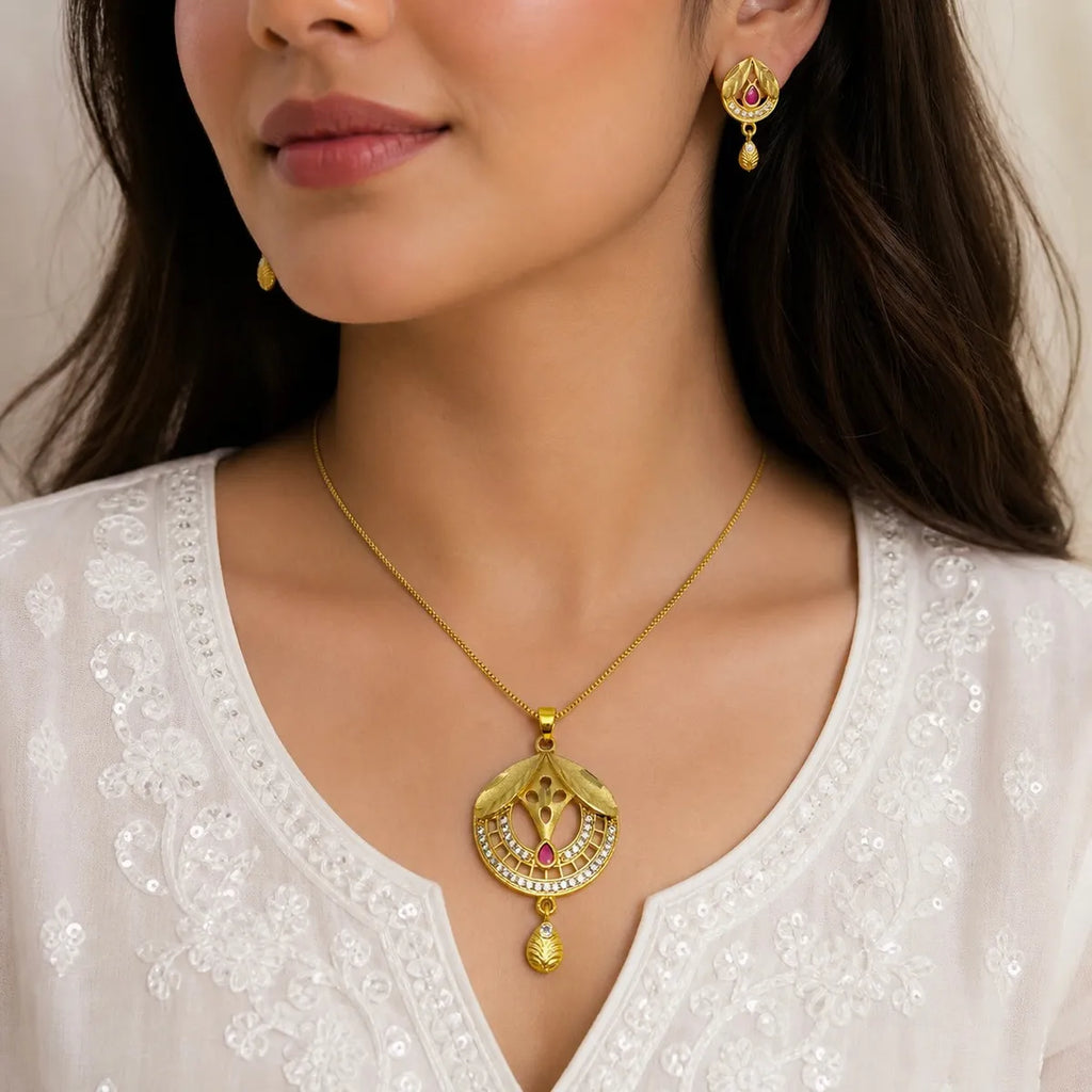 Gold Micro Plated Ad Ruby Circular Pendant Necklace Earring Set
