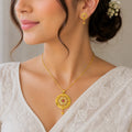 Gold Micro Plated Ad Ruby Star Motif Pendant Necklace Earring Set