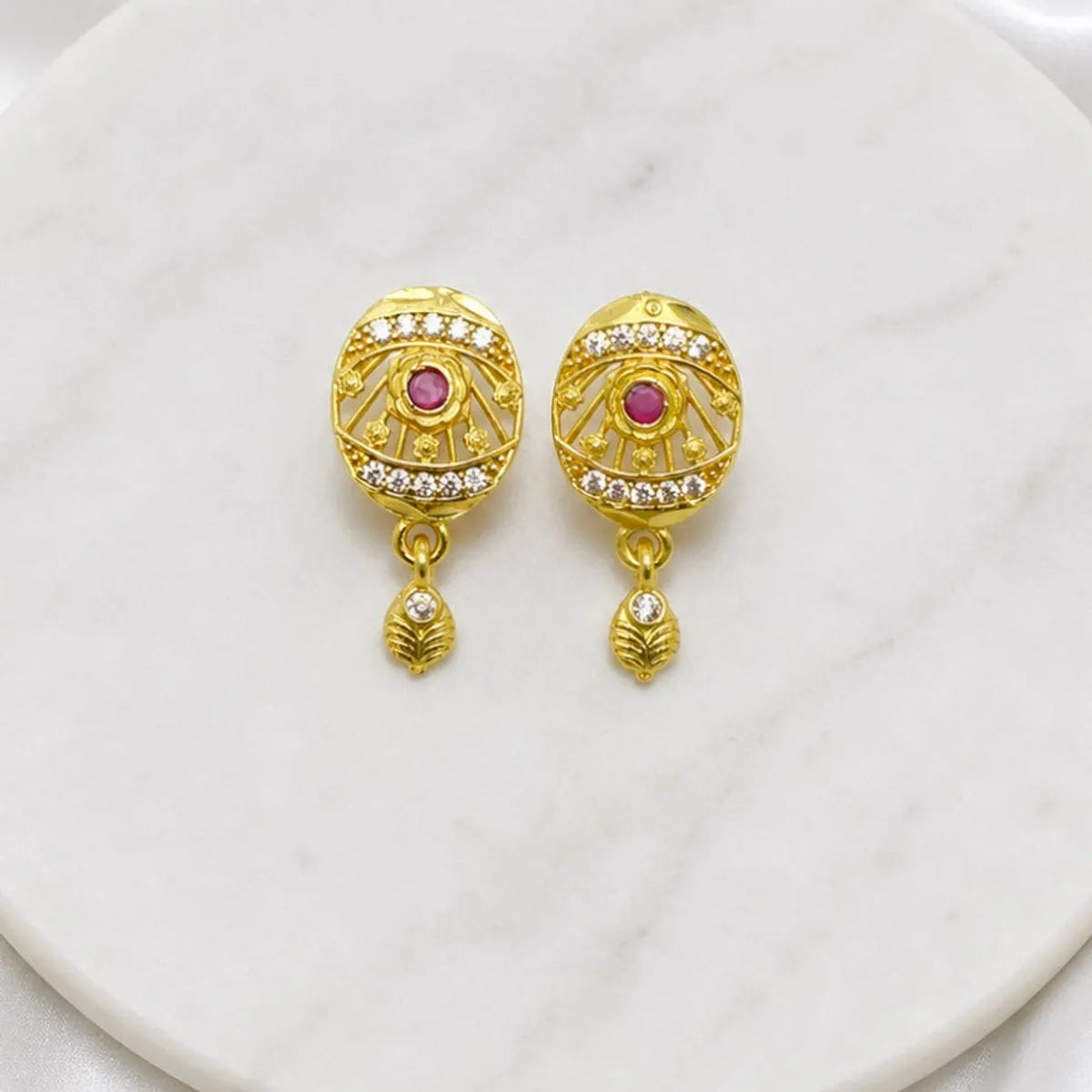 Gold Micro-Plated Ad Ruby Oval Pendant Necklace Set For Women