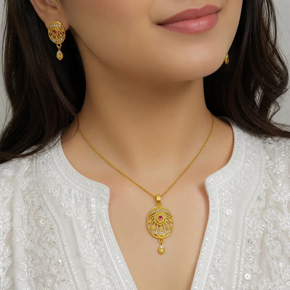 Gold Micro-Plated Ad Ruby Oval Pendant Necklace Set For Women
