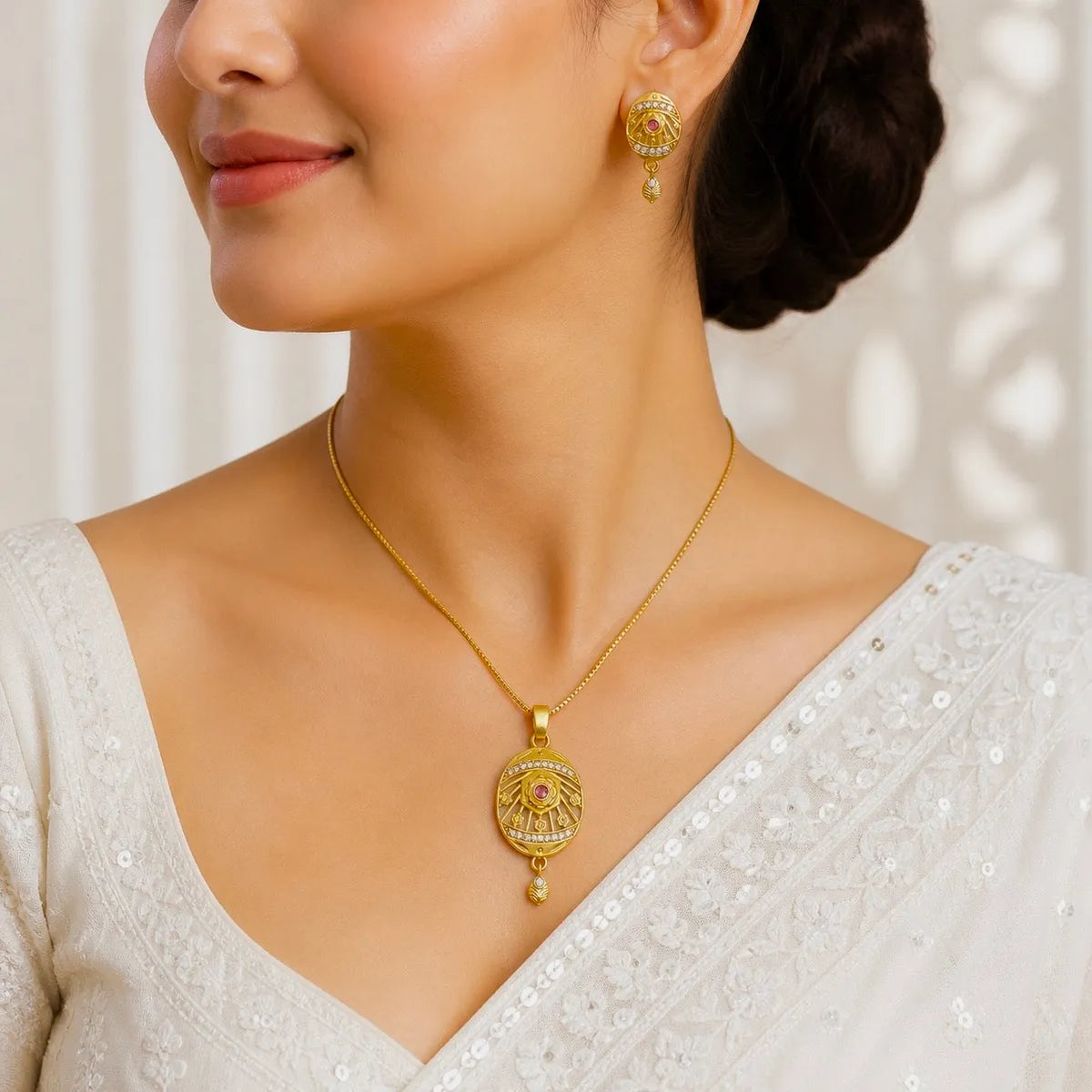 Gold Micro-Plated Ad Ruby Oval Pendant Necklace Set For Women