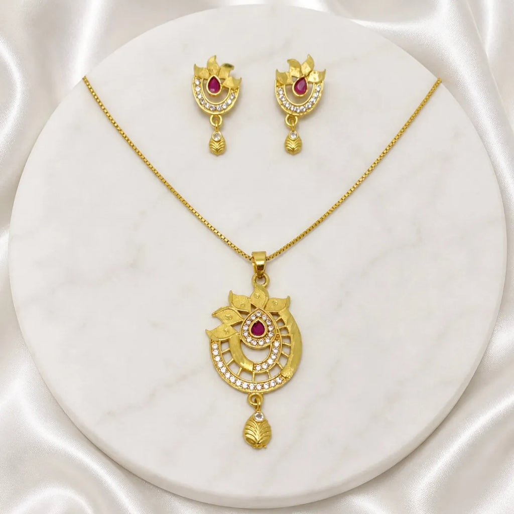 Gold Micro Plated Ad Ruby Statement Pendant Necklace Set