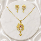 Gold Micro Plated Ad Ruby Statement Pendant Necklace Set