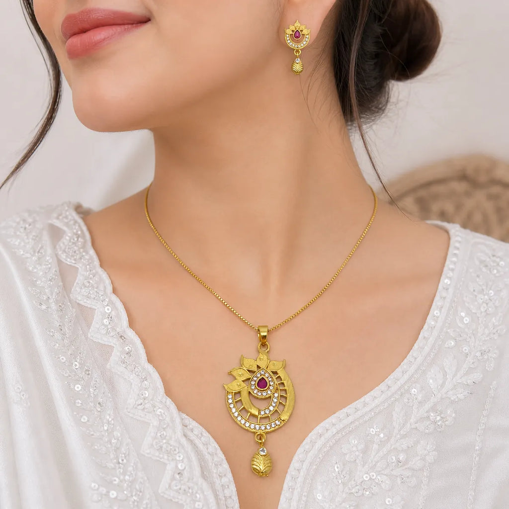 Gold Micro Plated Ad Ruby Statement Pendant Necklace Set