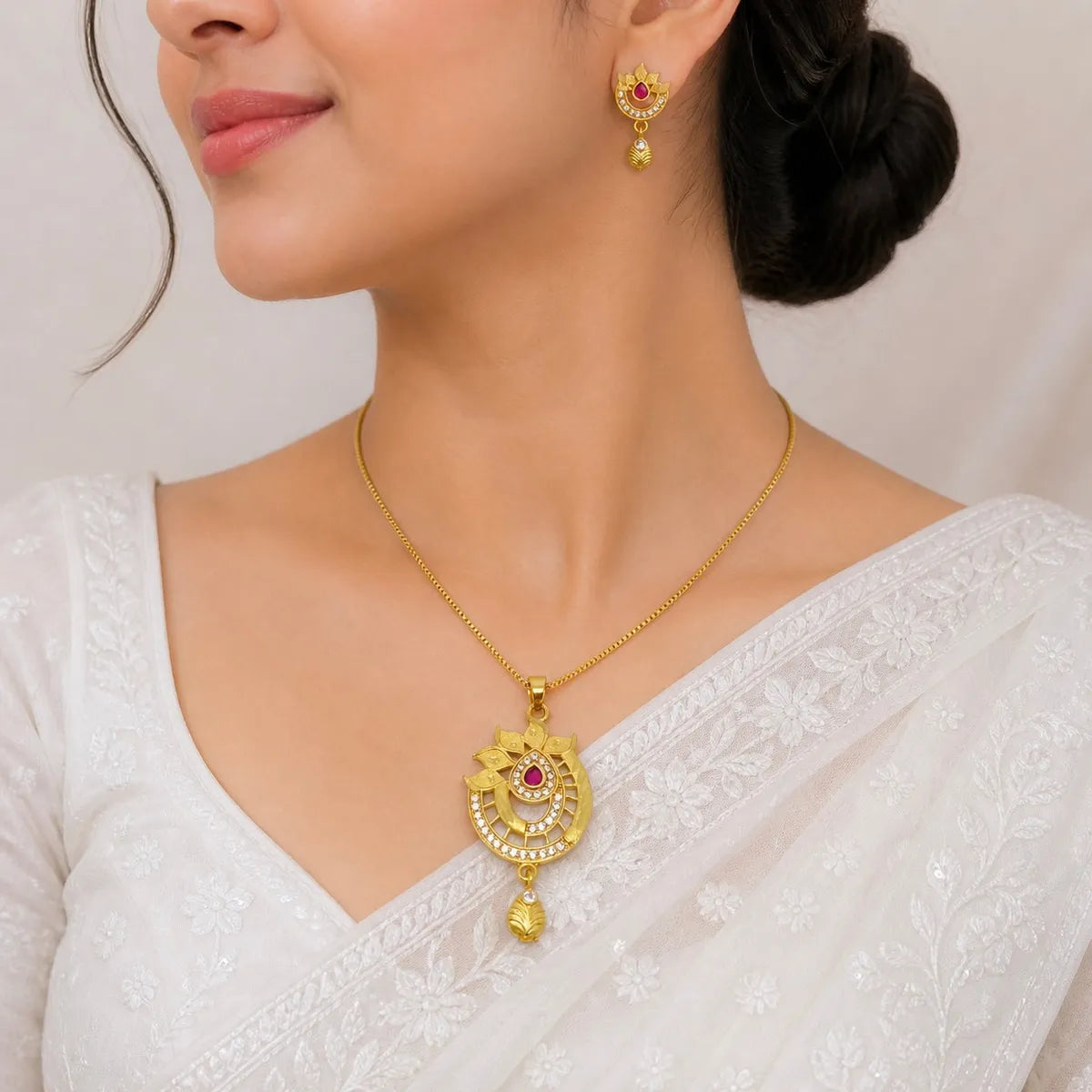 Gold Micro Plated Ad Ruby Statement Pendant Necklace Set