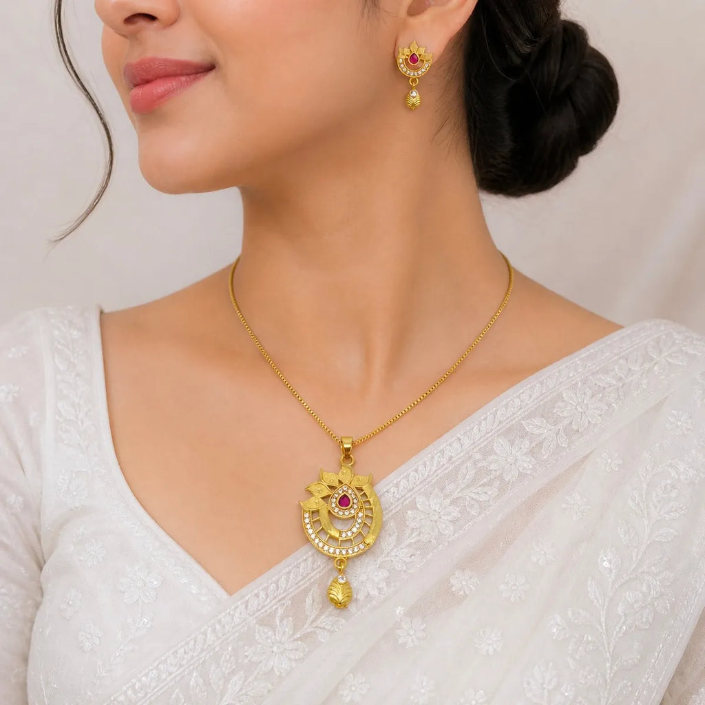 Gold Micro Plated Ad Ruby Statement Pendant Necklace Set