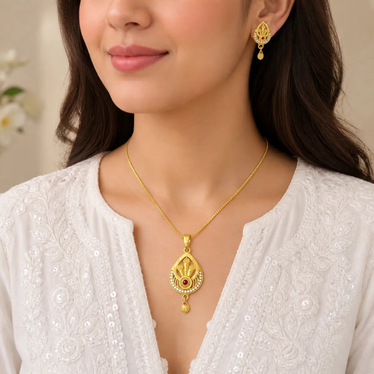 Red Gold Micro Plated Copper Ad Ruby Teardrop Necklace Earrings Set