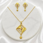 Gold Micro Plated Ad Ruby Geometric Pendant Necklace Set For Women