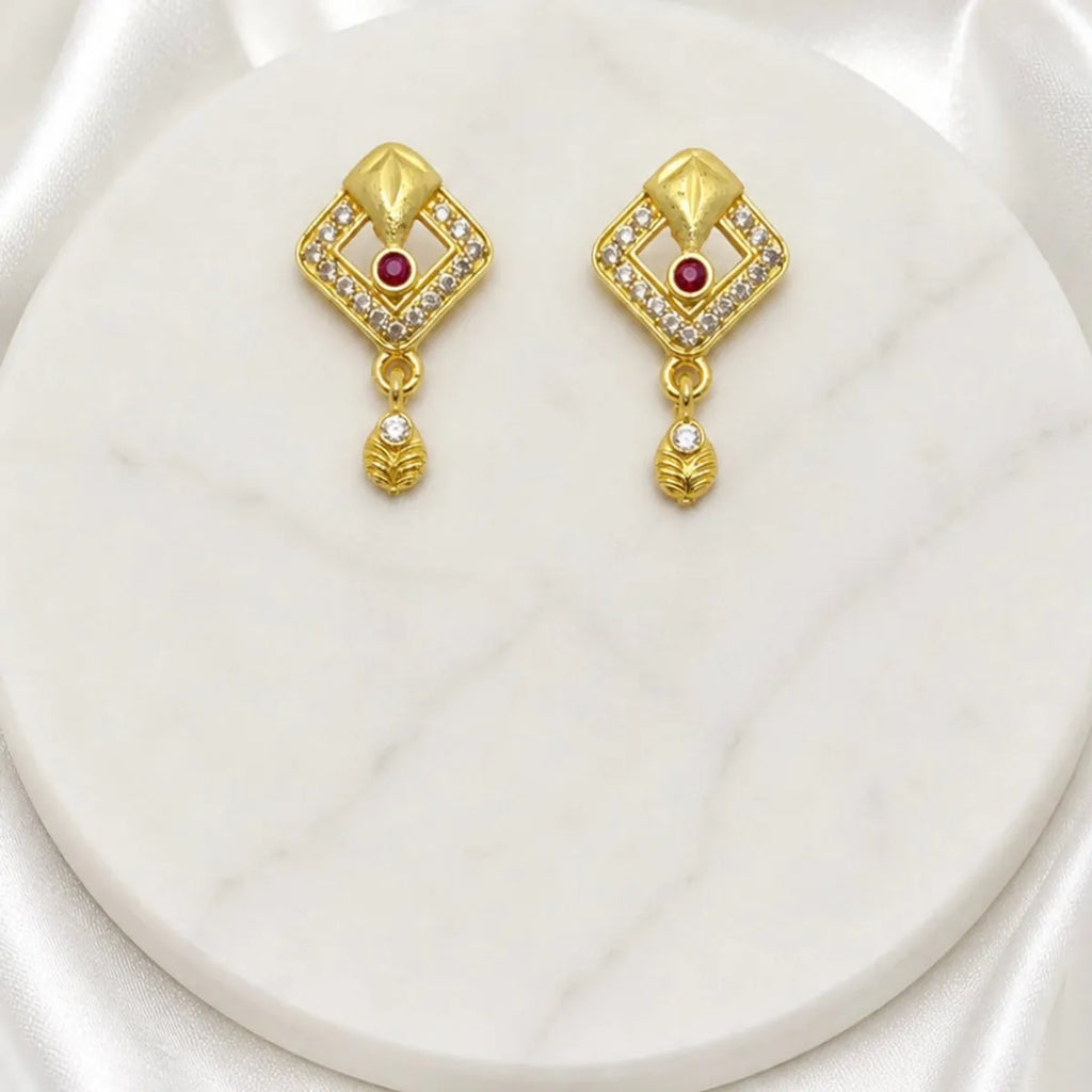 Gold Micro Plated Ad Ruby Geometric Pendant Necklace Set For Women