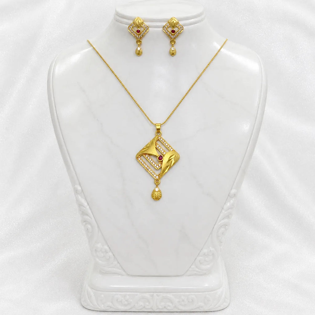 Gold Micro Plated Ad Ruby Geometric Pendant Necklace Set For Women