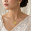 Gold Micro Plated Ad Ruby Geometric Pendant Necklace Set For Women