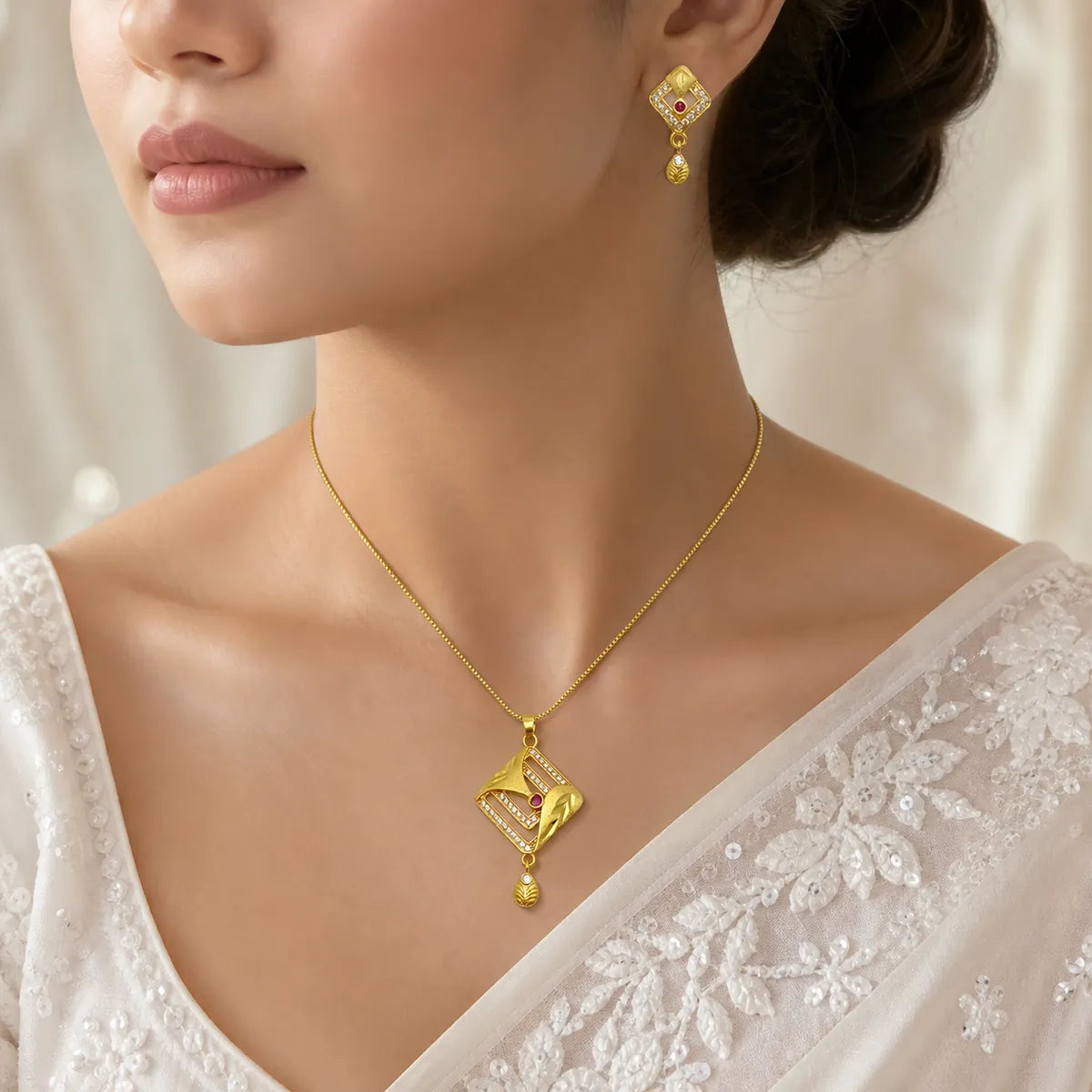 Gold Micro Plated Ad Ruby Geometric Pendant Necklace Set For Women