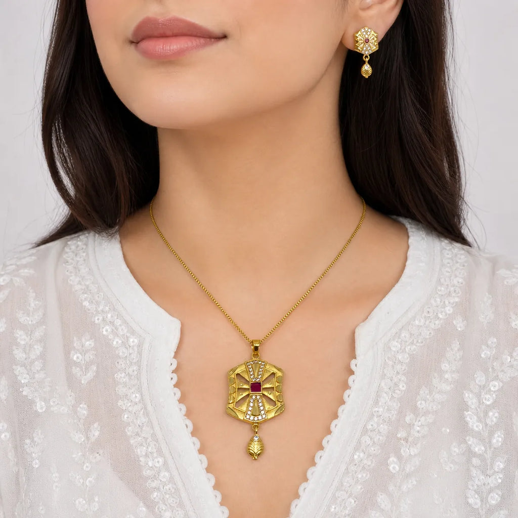 Gold Micro Plated Copper Ad Ruby Statement Pendant Necklace Set