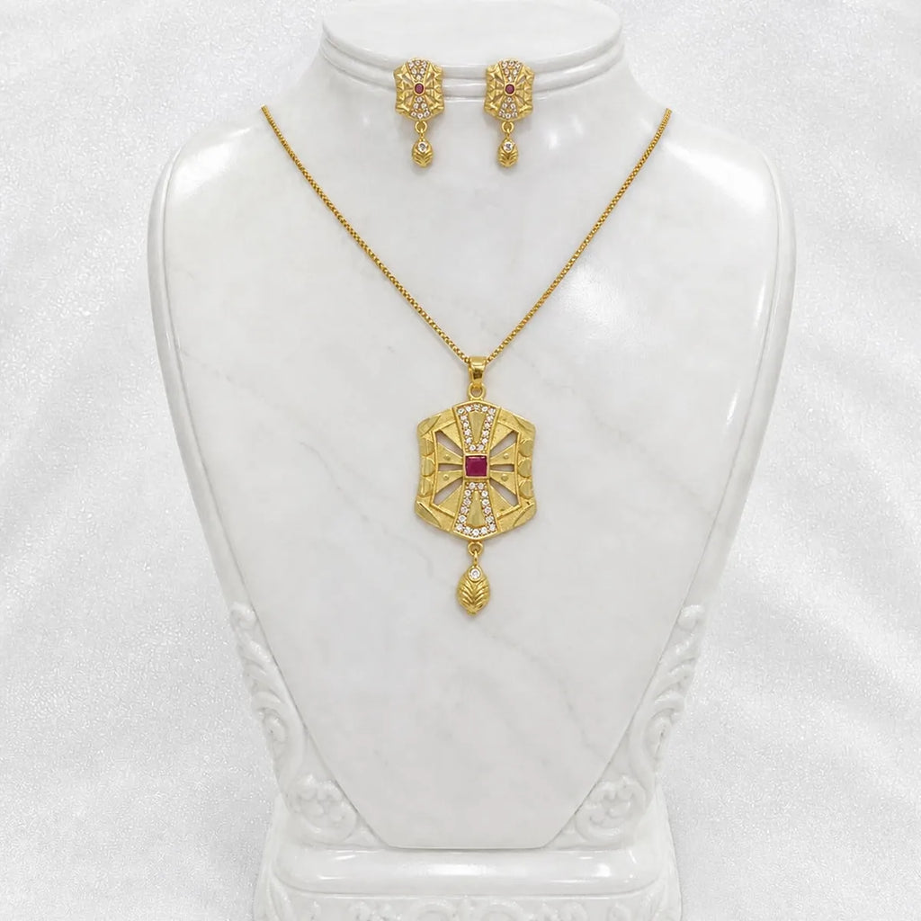 Gold Micro Plated Copper Ad Ruby Statement Pendant Necklace Set