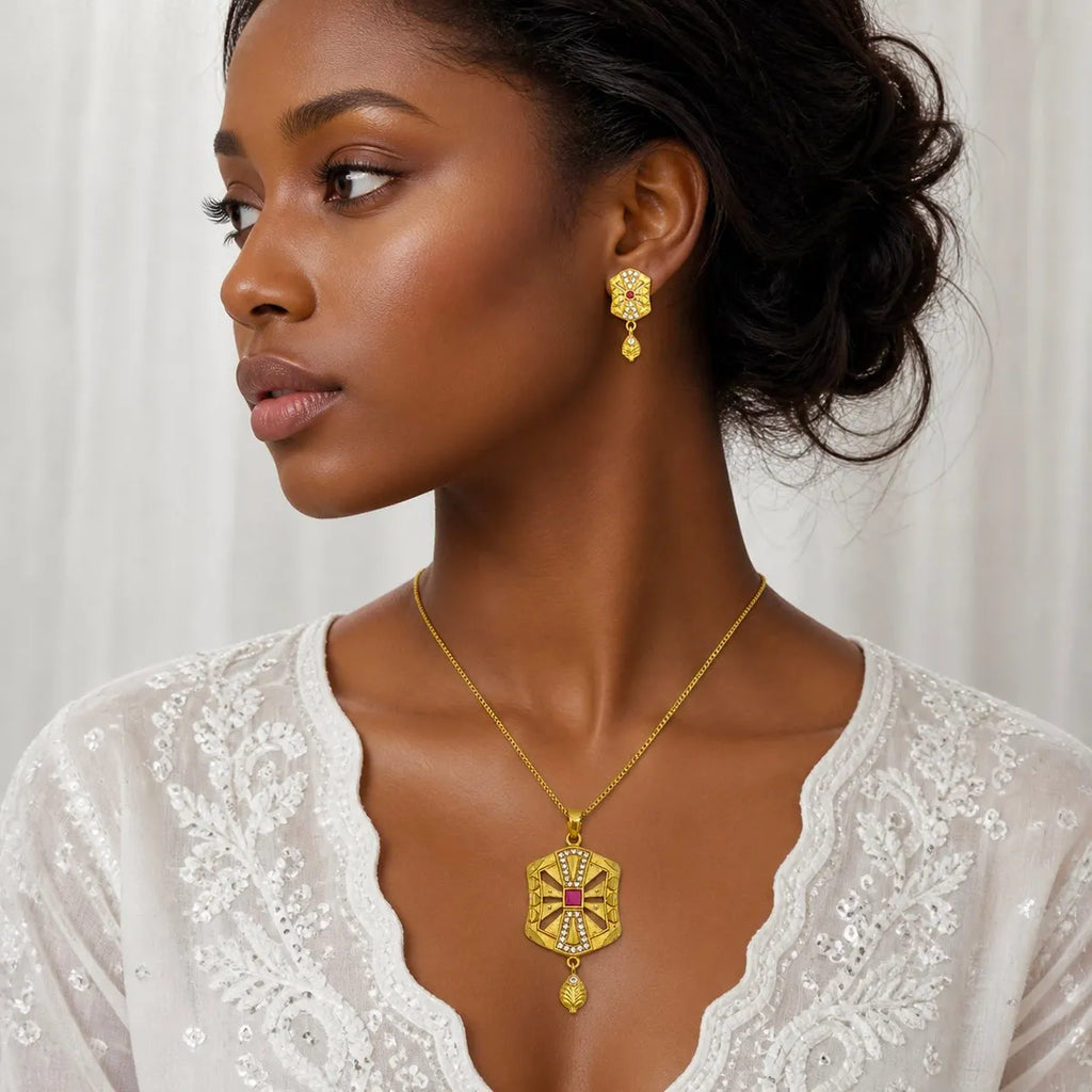 Gold Micro Plated Copper Ad Ruby Statement Pendant Necklace Set