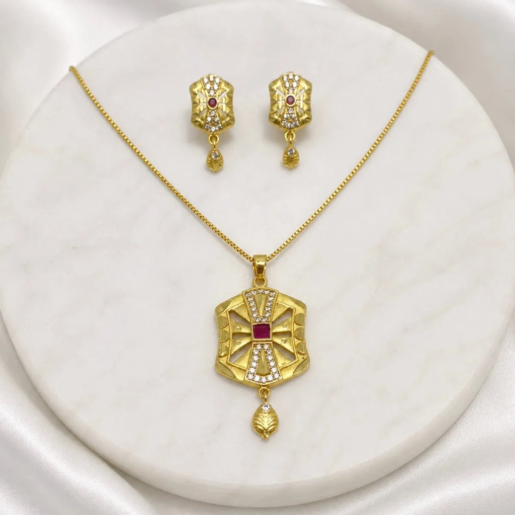 Gold Micro Plated Copper Ad Ruby Statement Pendant Necklace Set