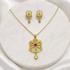 Gold Micro Plated Copper Ad Ruby Statement Pendant Necklace Set