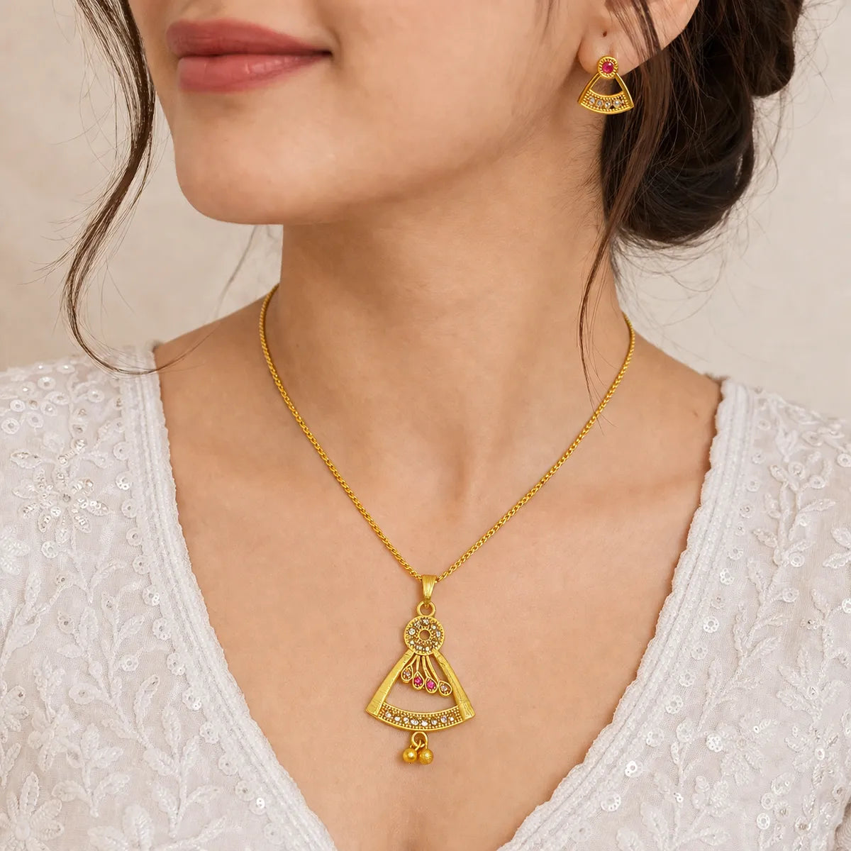 Gold Micro Plated Copper Ad Ruby Geometric Pendant Necklace Set